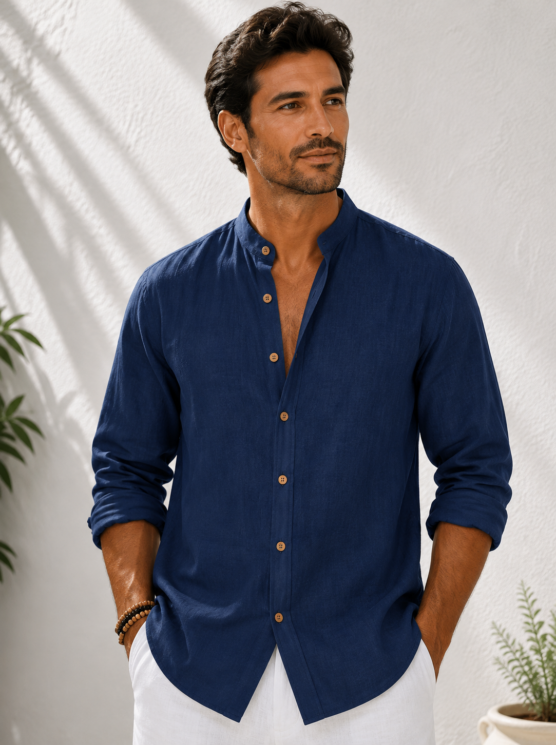 Men's Linen Mandarin Collar Shirt