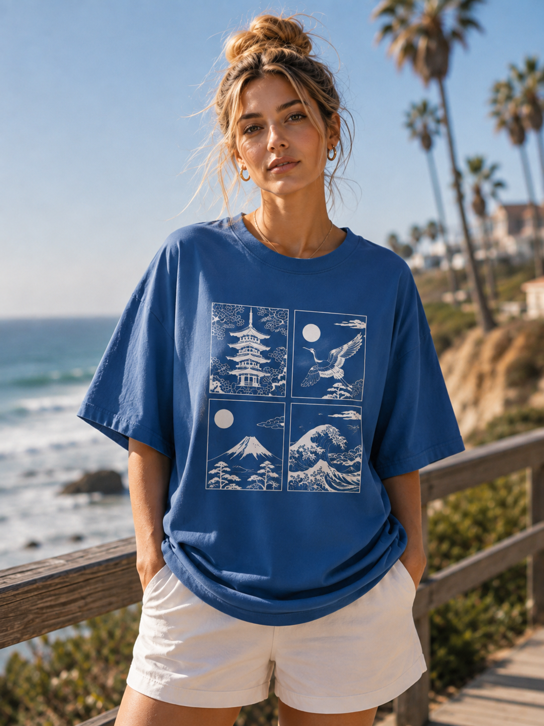 Women's Blue Japanese Art Oversized T-Shirt